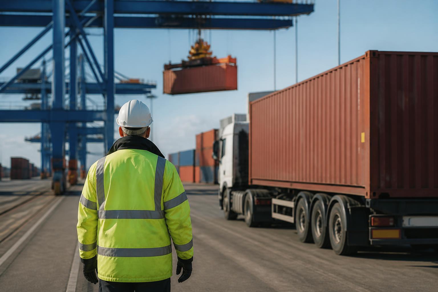 Stacked shipping containers at the Felixstowe port under a clear blue sky