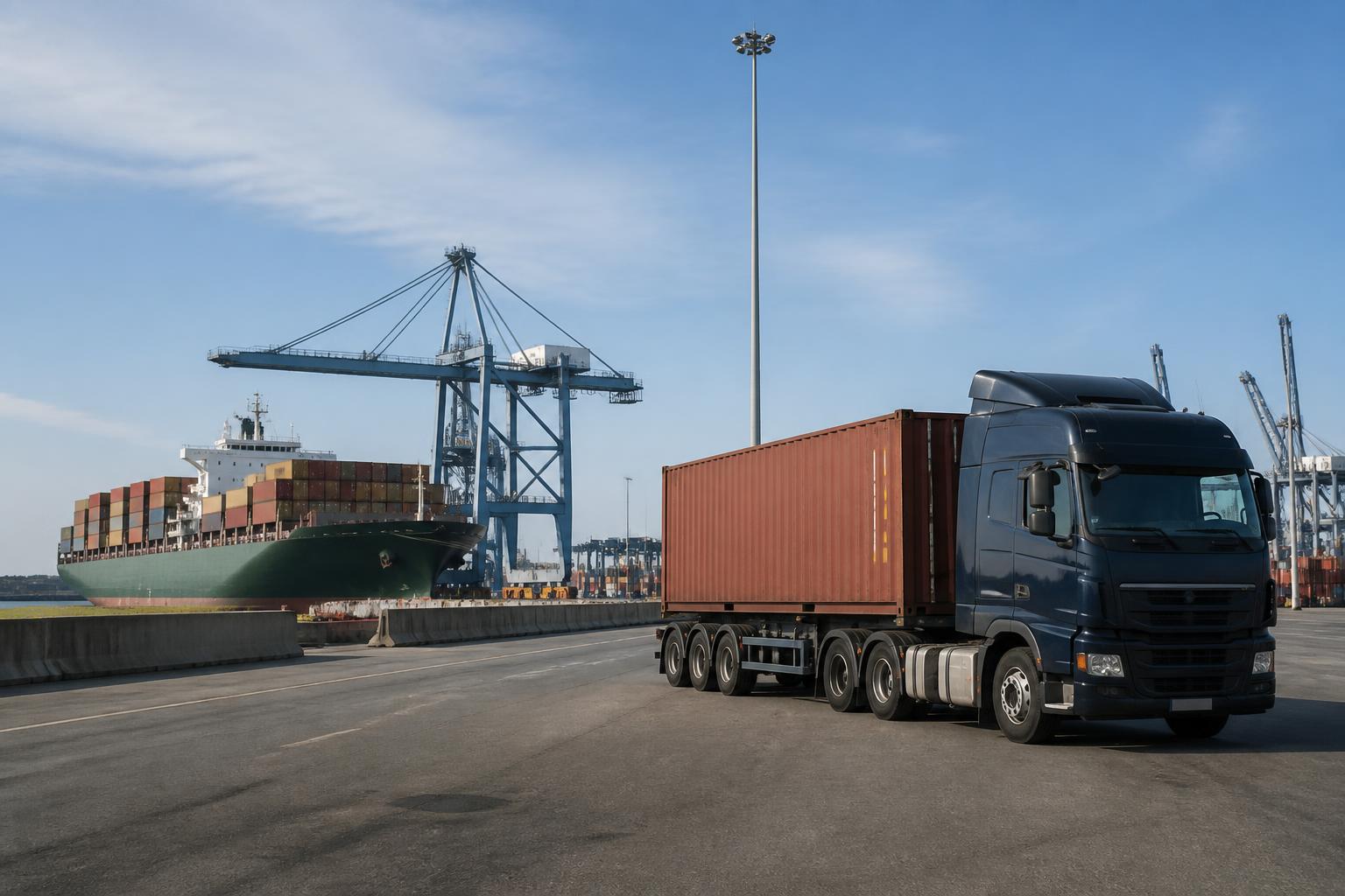 Stacked shipping containers at a busy port terminal under a bright sky