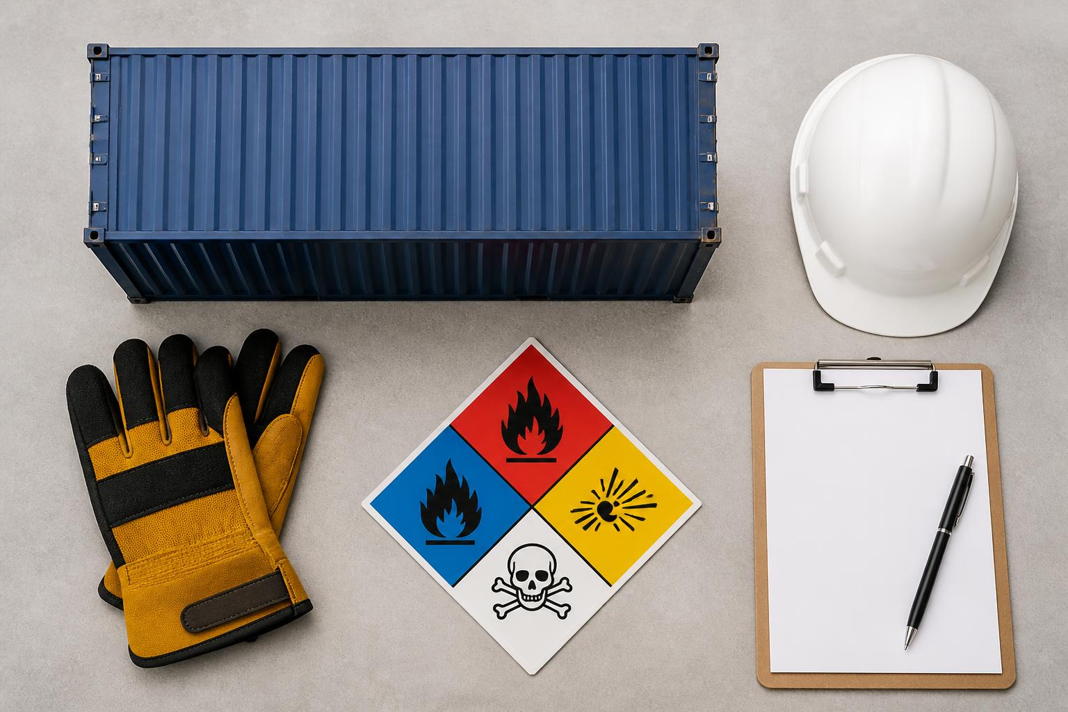 A shipping container marked with hazardous material placards sits on a trailer in a busy industrial port terminal