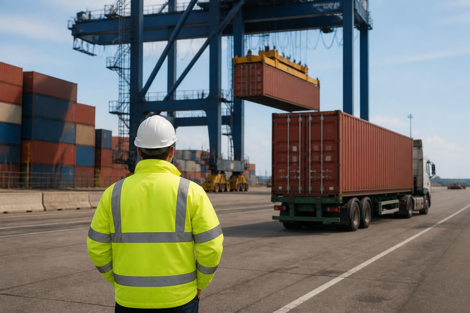 A shipping container sits on a trailer at a busy industrial port terminal under a clear blue sky