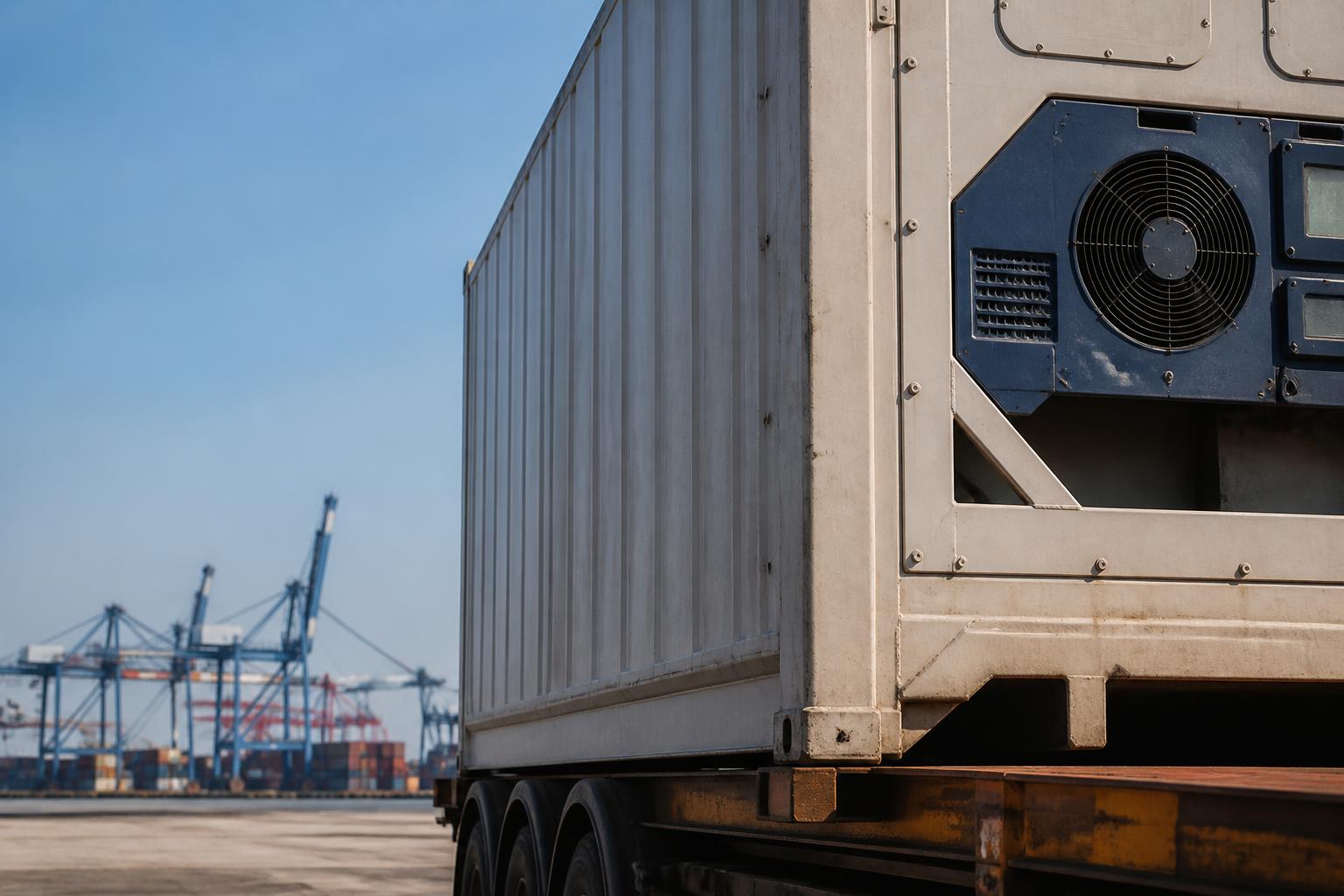 A large refrigerated shipping container sits on the back of a semi-truck parked at a busy industrial port terminal