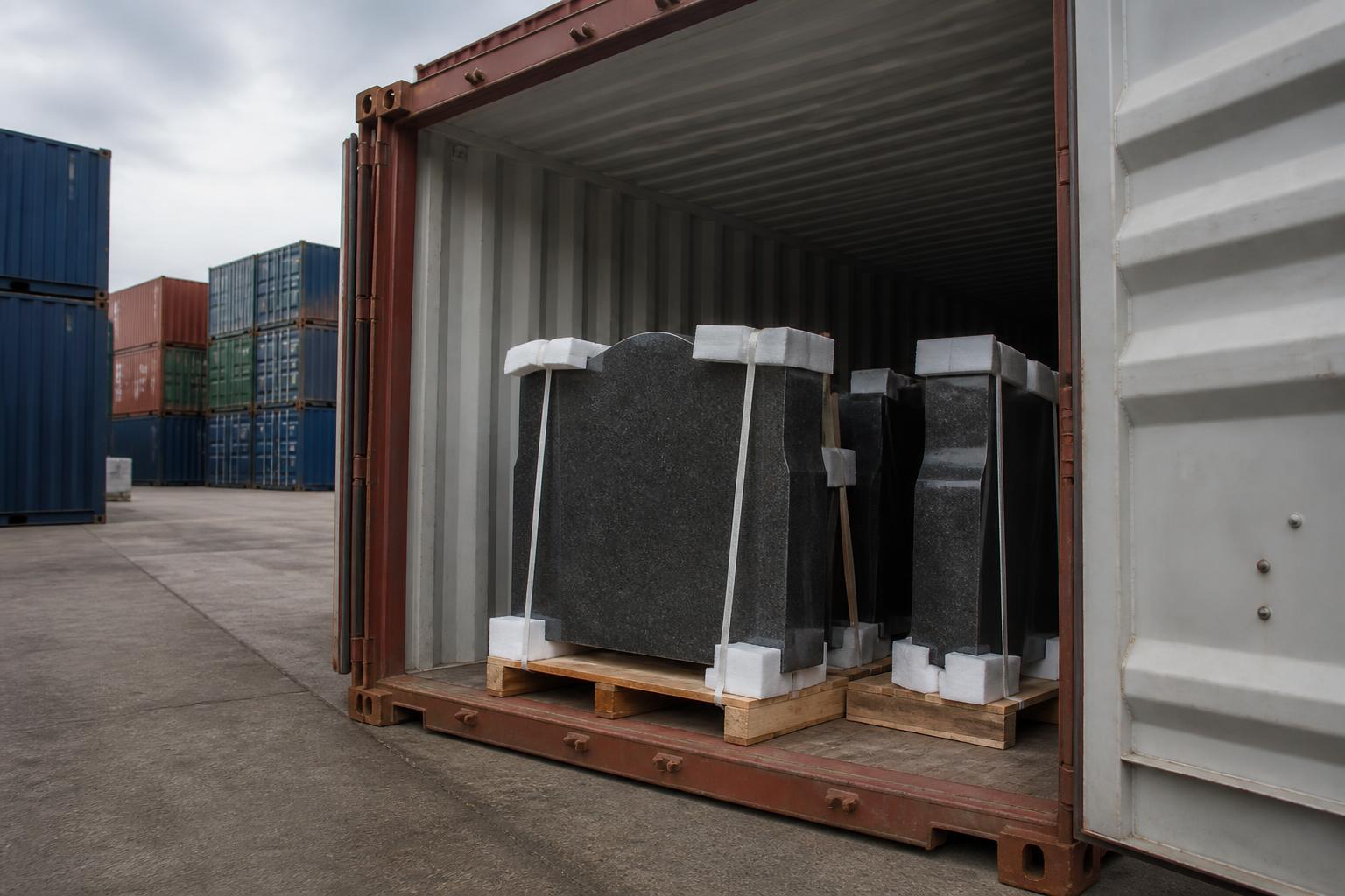 Polished granite headstones secured on wooden pallets inside a shipping container