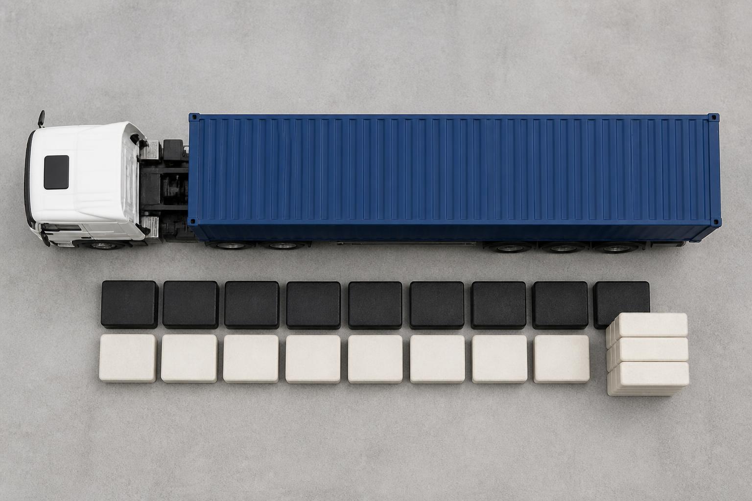 A large articulated lorry parked on a paved surface with its trailer fully loaded with industrial goods