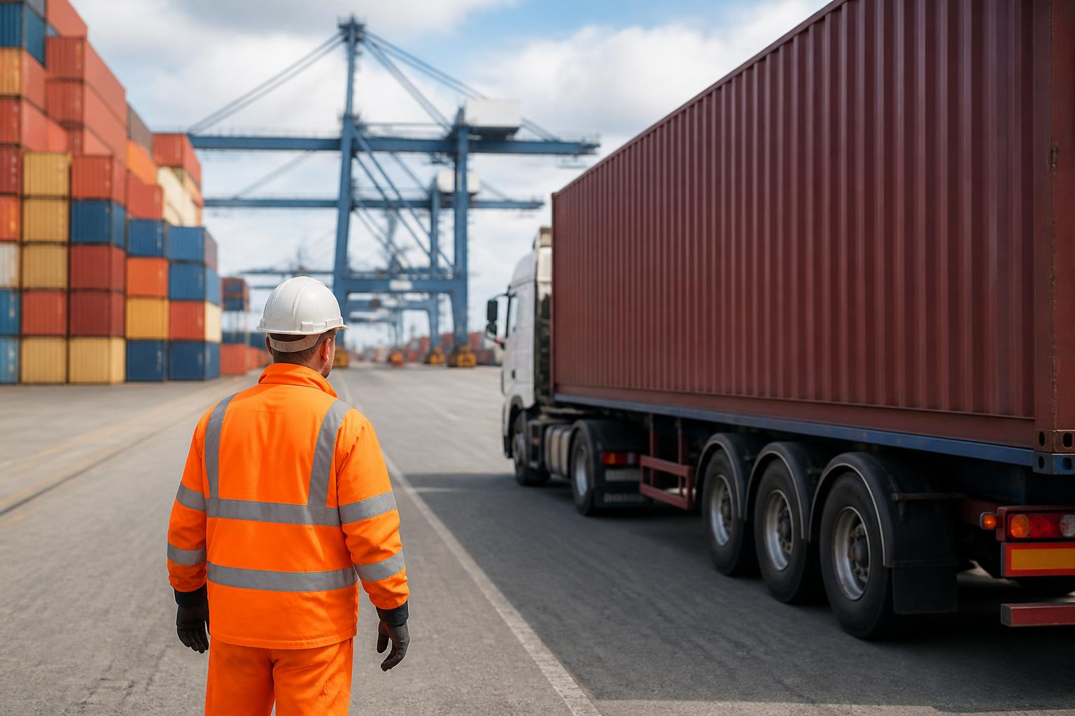 A container truck driving along a motorway with shipping containers stacked at a busy port in the background