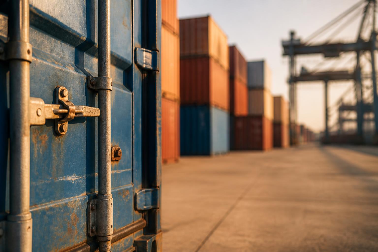 Stacked shipping containers in a busy port terminal under a cloudy sky
