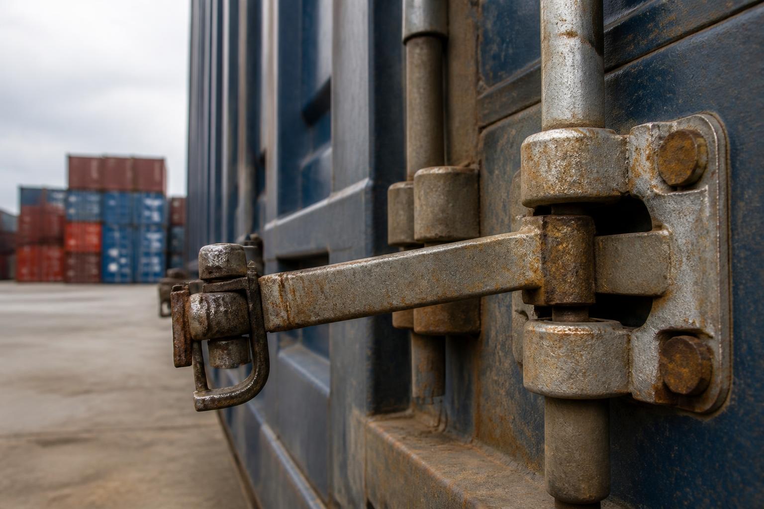 Stacked shipping containers at a busy port terminal under a clear blue sky