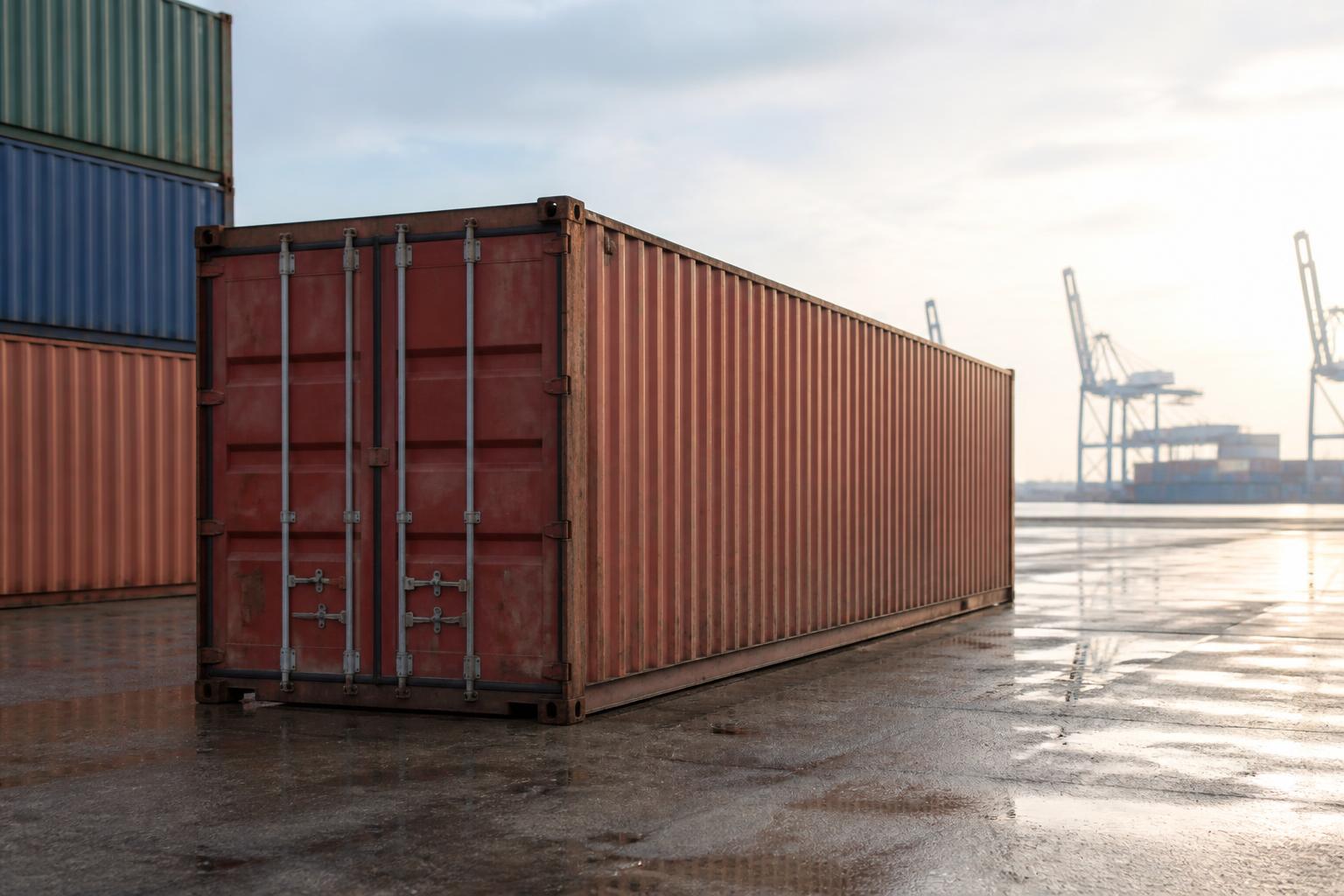 A stack of colorful shipping containers sits in a busy industrial port under a cloudy sky