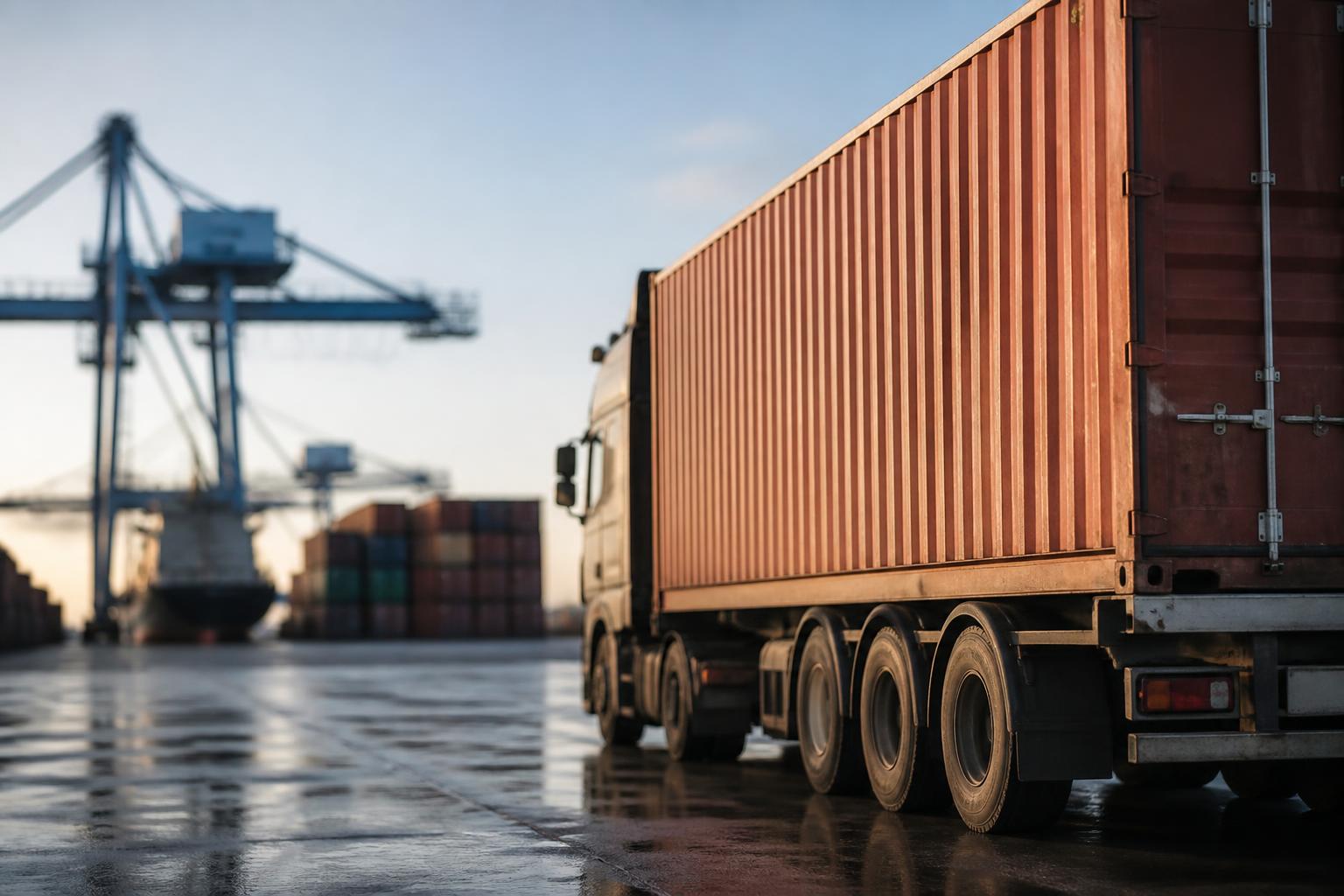 A large shipping container being lifted by a crane onto a semi-trailer truck at a busy industrial port terminal