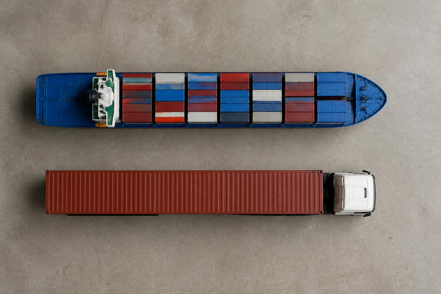 A large shipping container being loaded onto a semi-truck at a bustling industrial port terminal