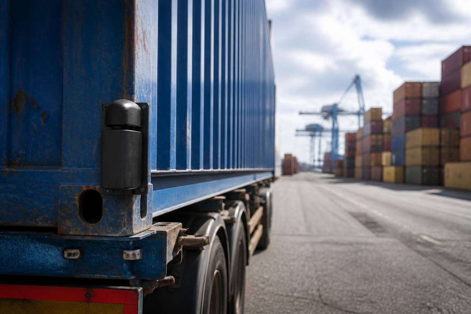 A shipping container sits on a busy industrial dock under a bright sky