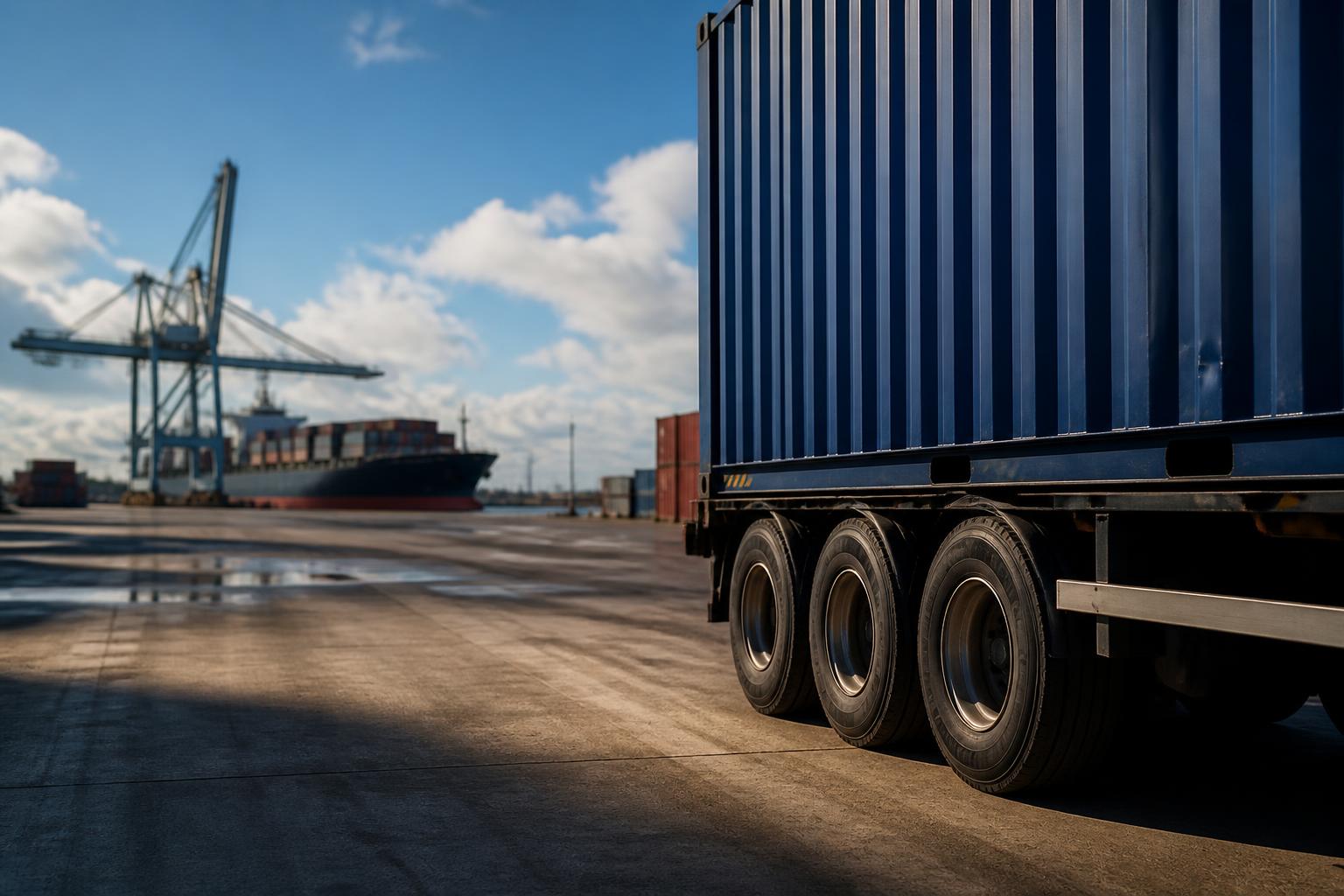 Stacked shipping containers wait in a busy terminal as a truck prepares to load a unit for transport