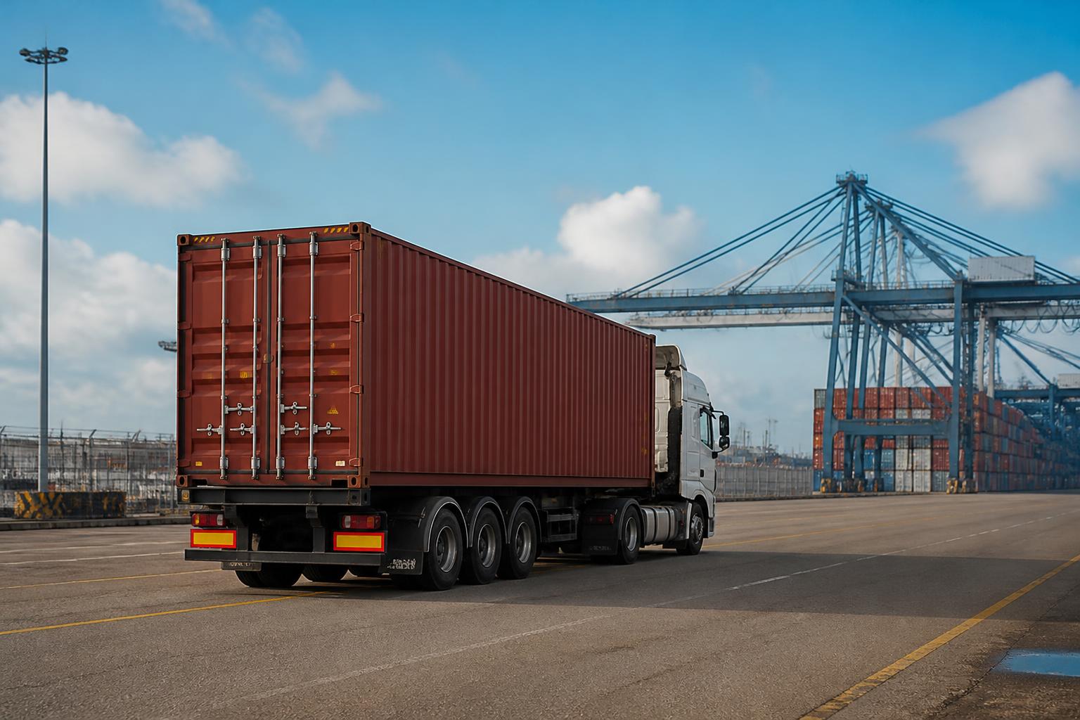 A shipping container being lifted by a crane onto a truck at a busy industrial port terminal