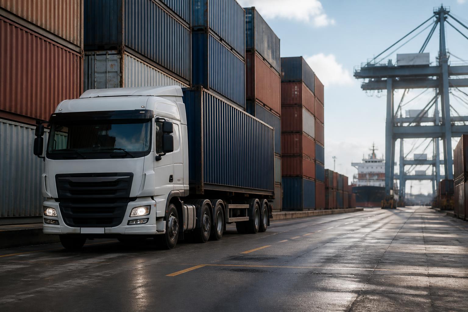 A large shipping container sits on the back of a semi-truck at a busy industrial port terminal