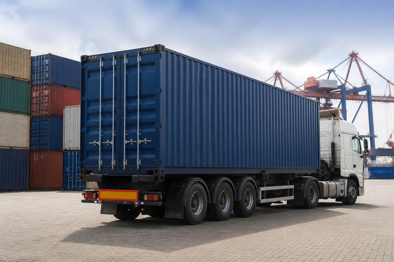 A high cube shipping container loaded onto a specialized flatbed trailer parked at a logistics facility