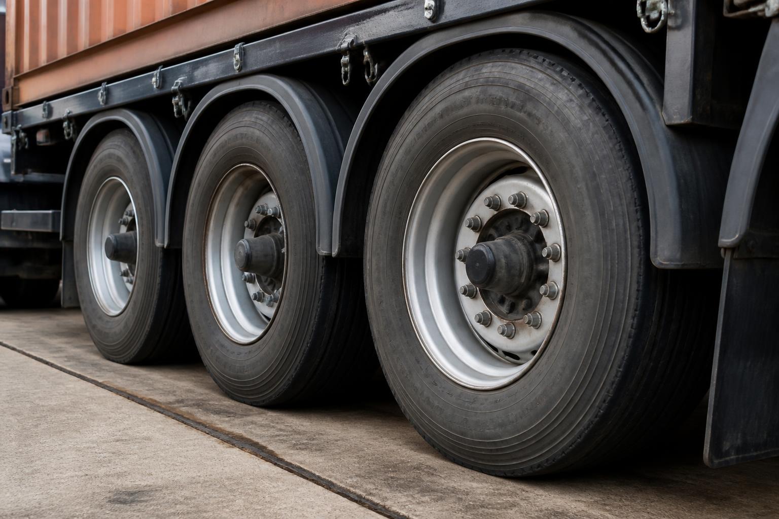 A heavy shipping container sits on a flatbed trailer parked at a busy industrial port terminal