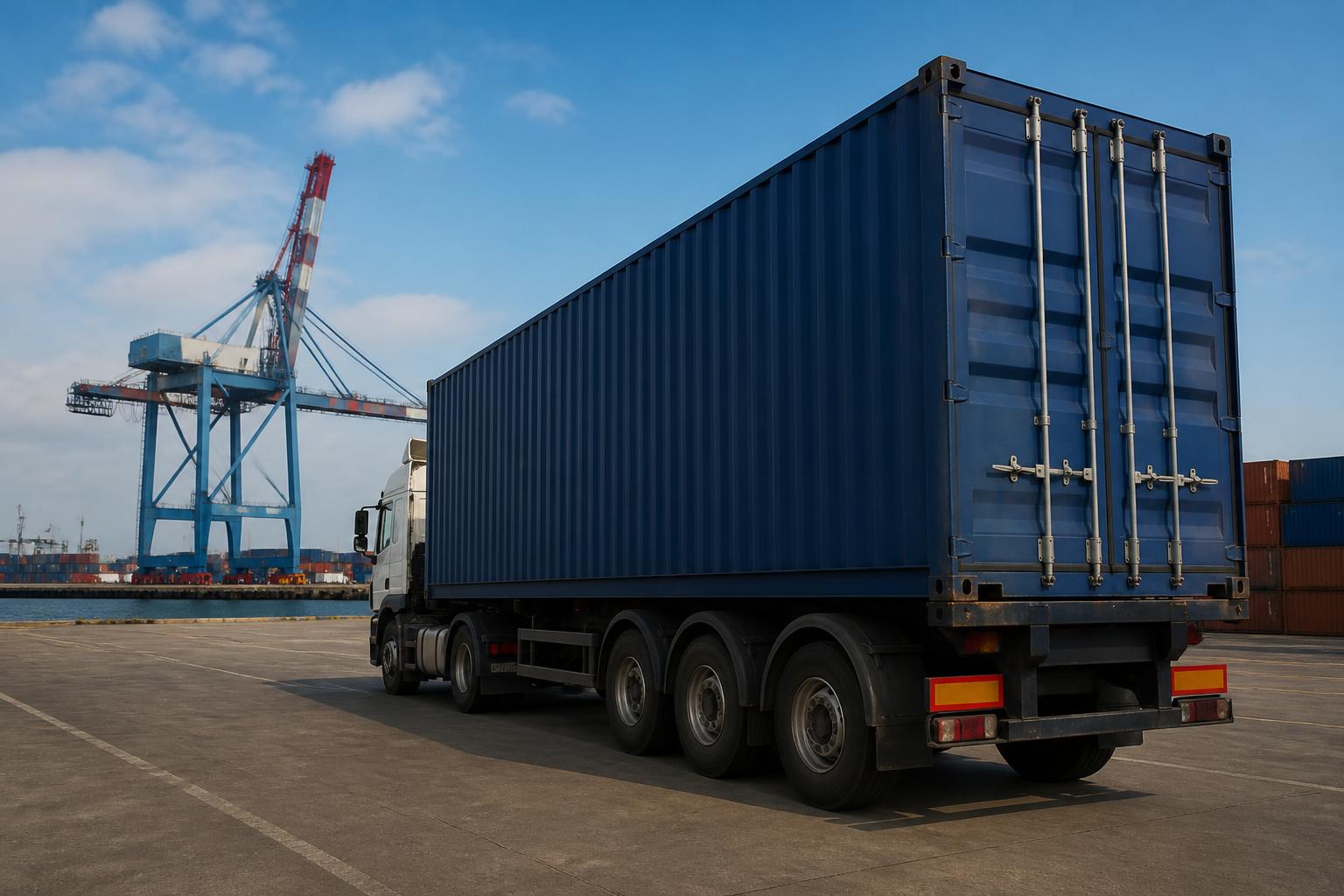 A large shipping container being lifted by a crane onto a truck trailer at a busy industrial port terminal