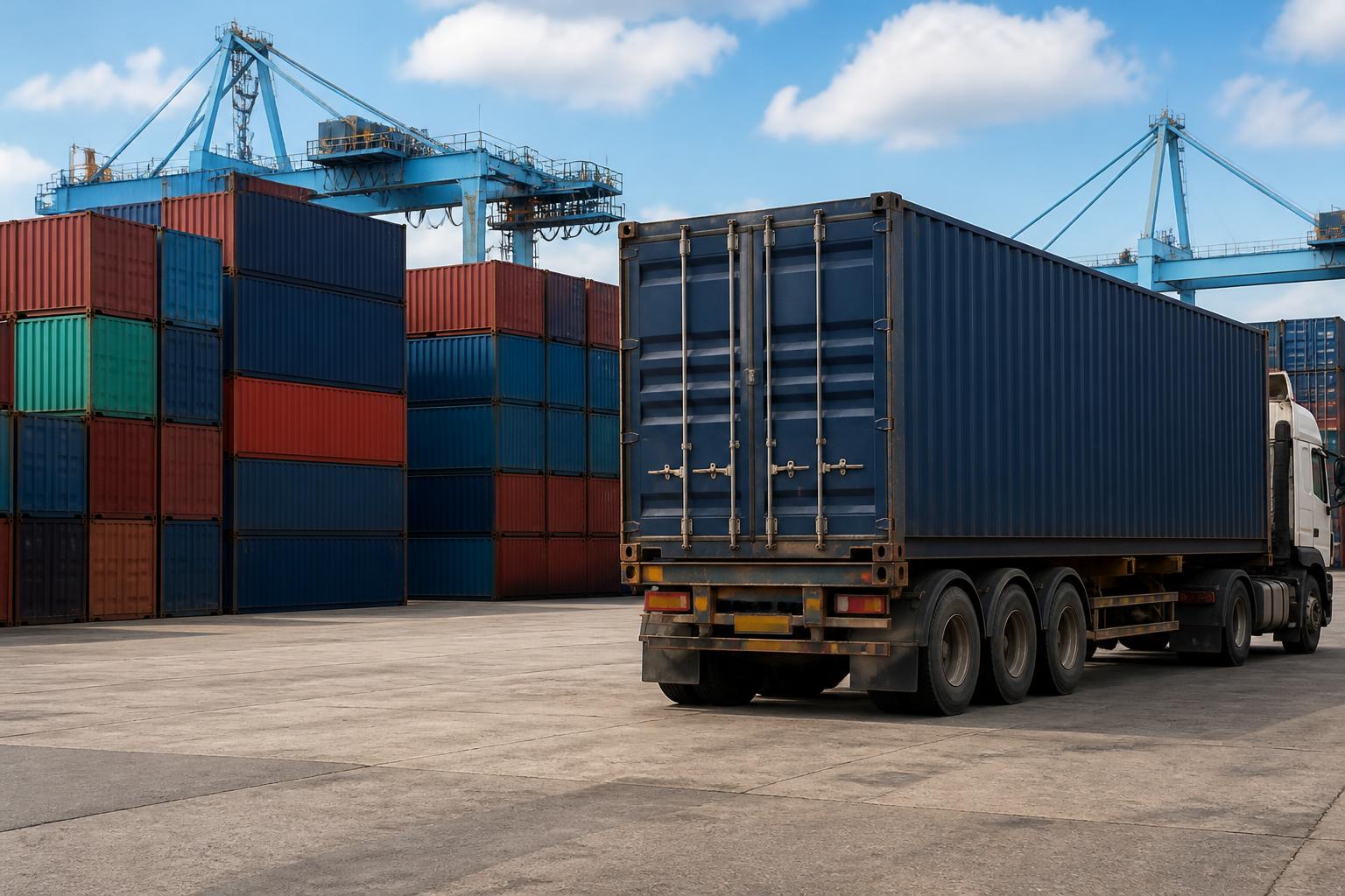 A shipping container sits on the back of a truck parked at a busy industrial port terminal