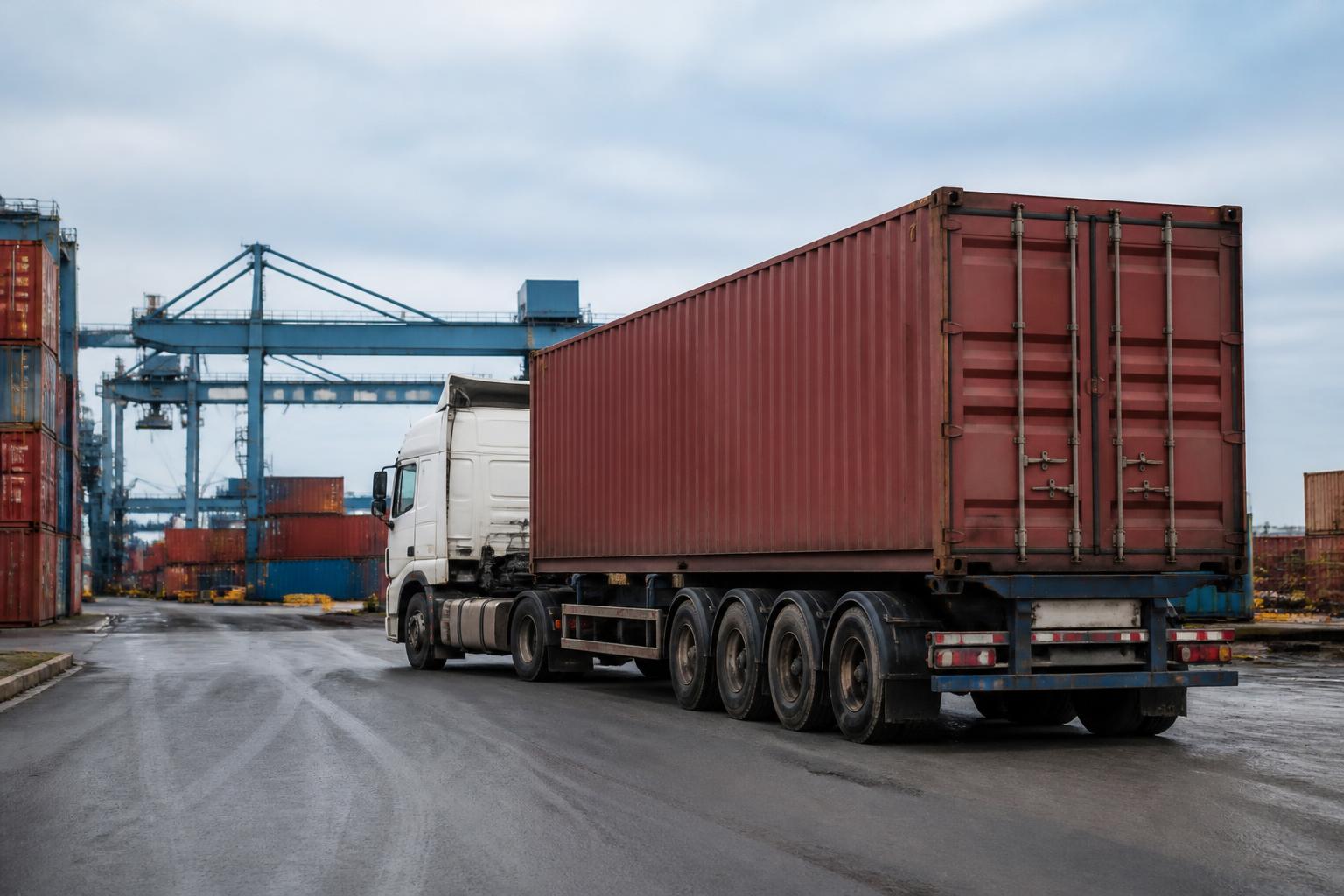 A shipping container loaded onto the back of a semi-truck trailer on a paved road