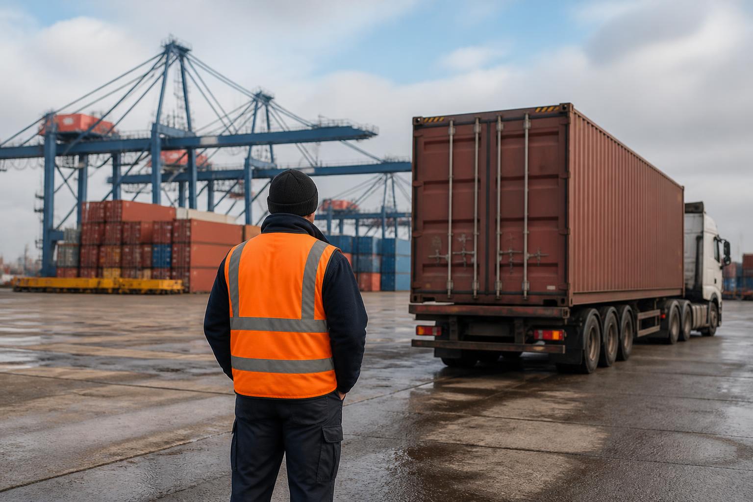 A row of colorful shipping containers stacked high at a busy industrial port terminal under a cloudy sky
