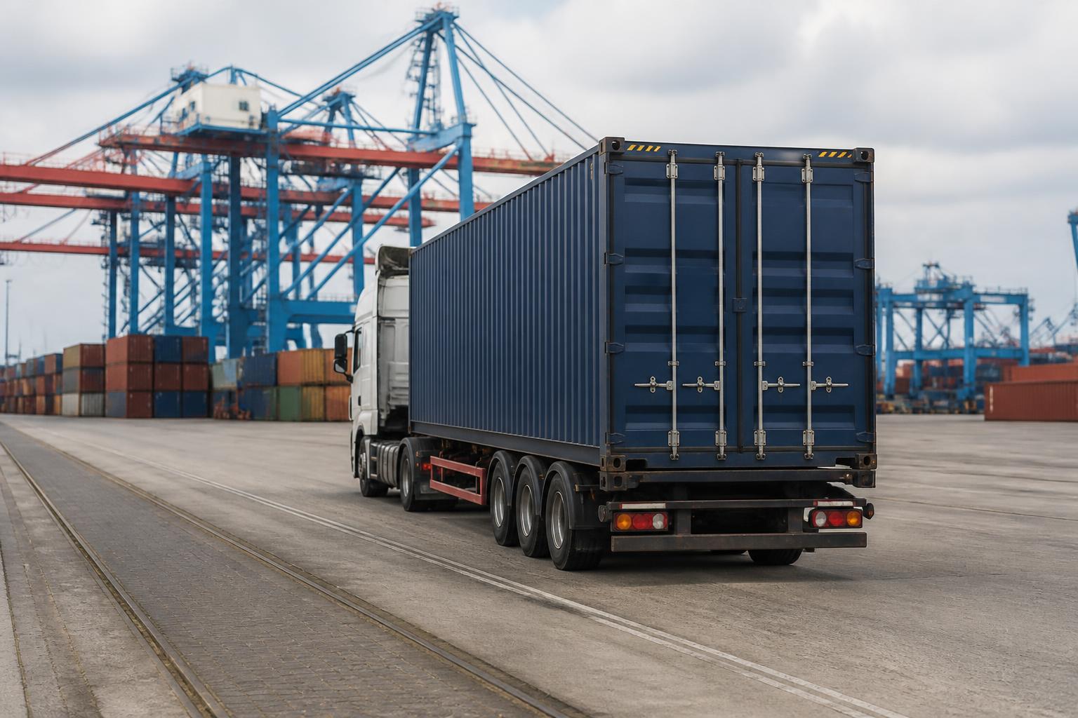 A large shipping container sits on the back of a semi-truck at a busy port terminal