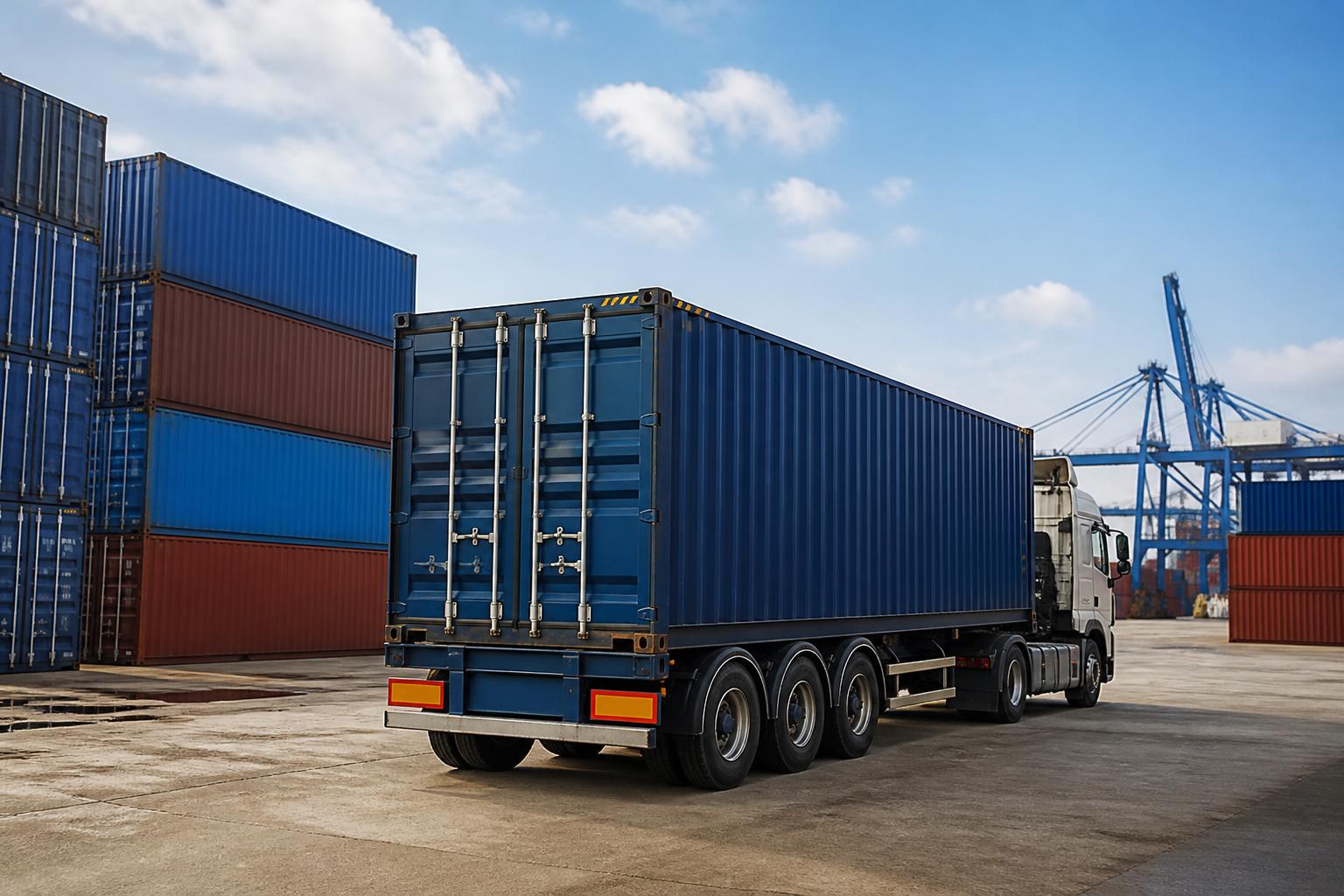 A large shipping container sits on the back of a semi-truck parked at a busy industrial port terminal