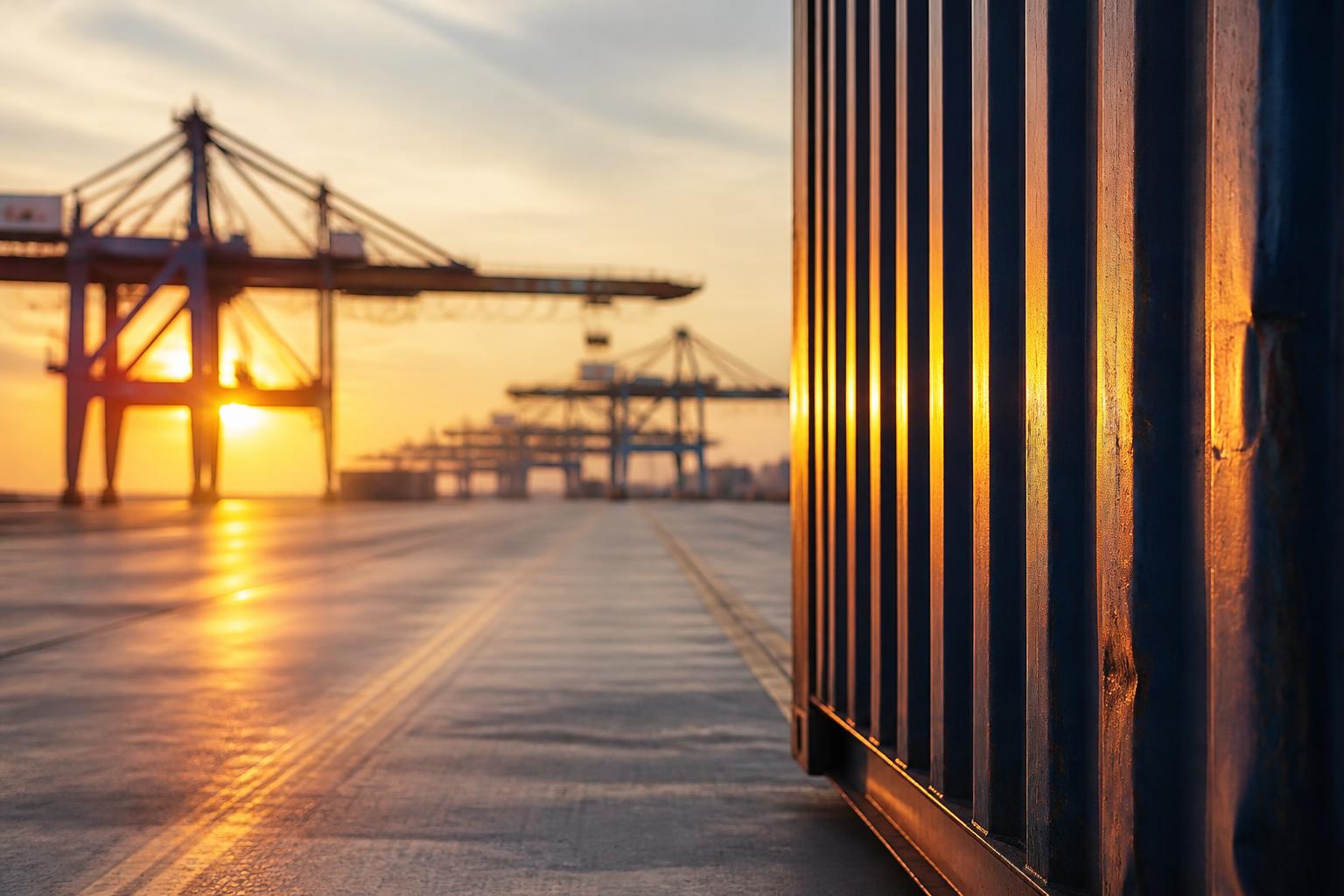 A large container ship docked at a busy industrial port terminal with rows of stacked shipping containers nearby