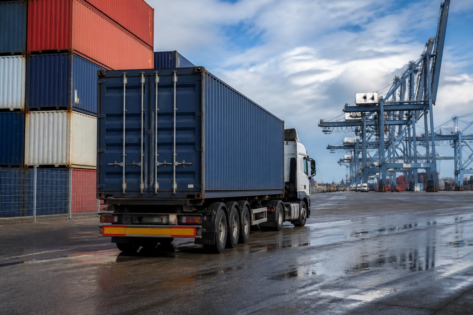 A large container ship docked at a busy industrial port with rows of stacked shipping containers in the background