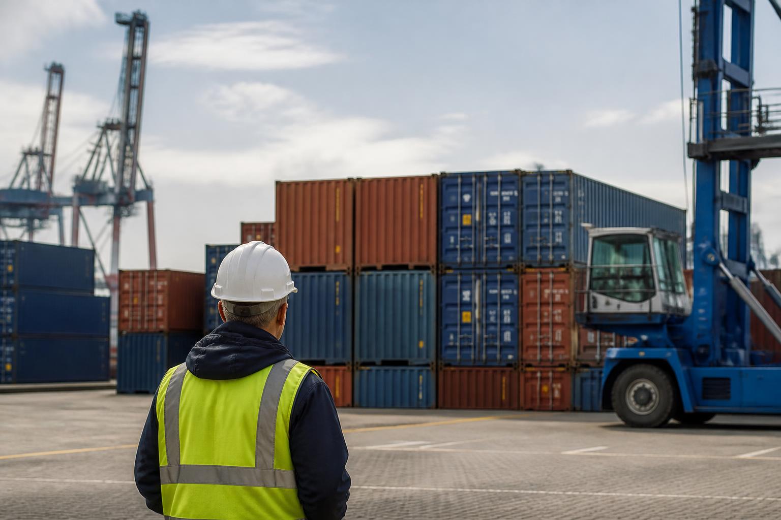 A large shipping container sits on a trailer parked at a busy industrial port terminal under a cloudy sky