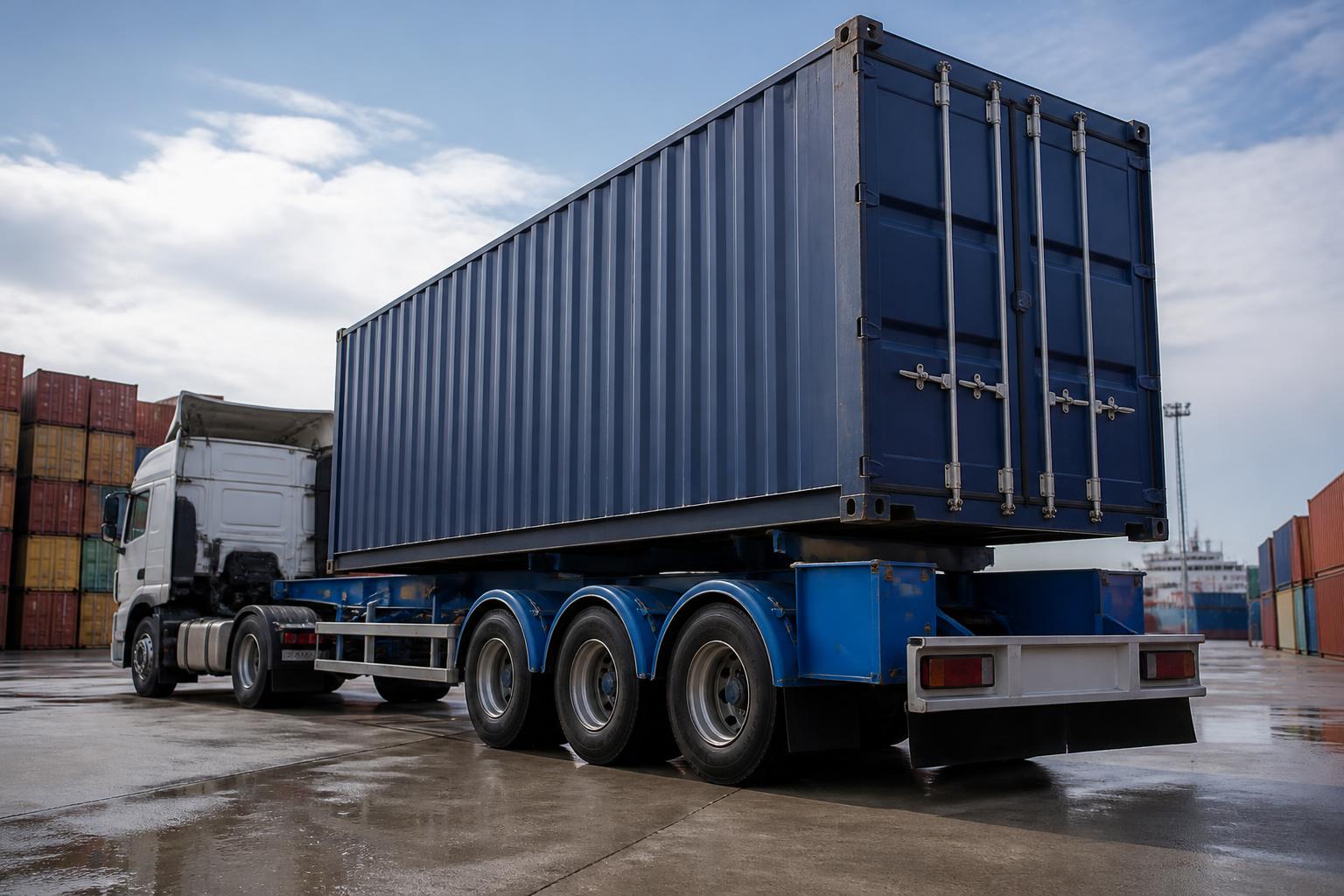 A semi-trailer carrying a large shipping container parked on a paved industrial lot