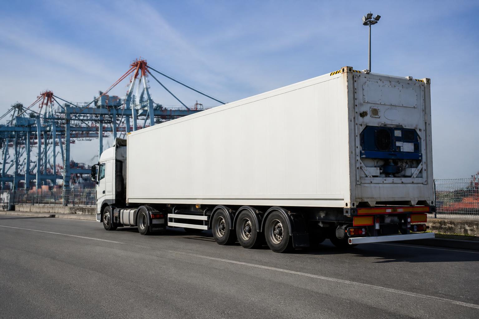 A refrigerated shipping container sits on a trailer at a busy container terminal under a bright sky